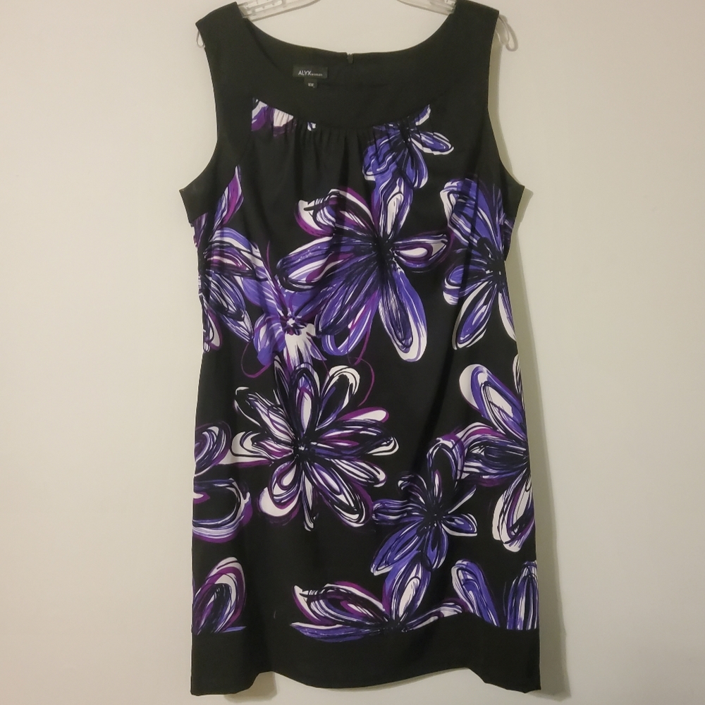 Alynx Woman Black/Purple/Pink Floral Sleeveless Sheath Dress Boatneck Size 16W